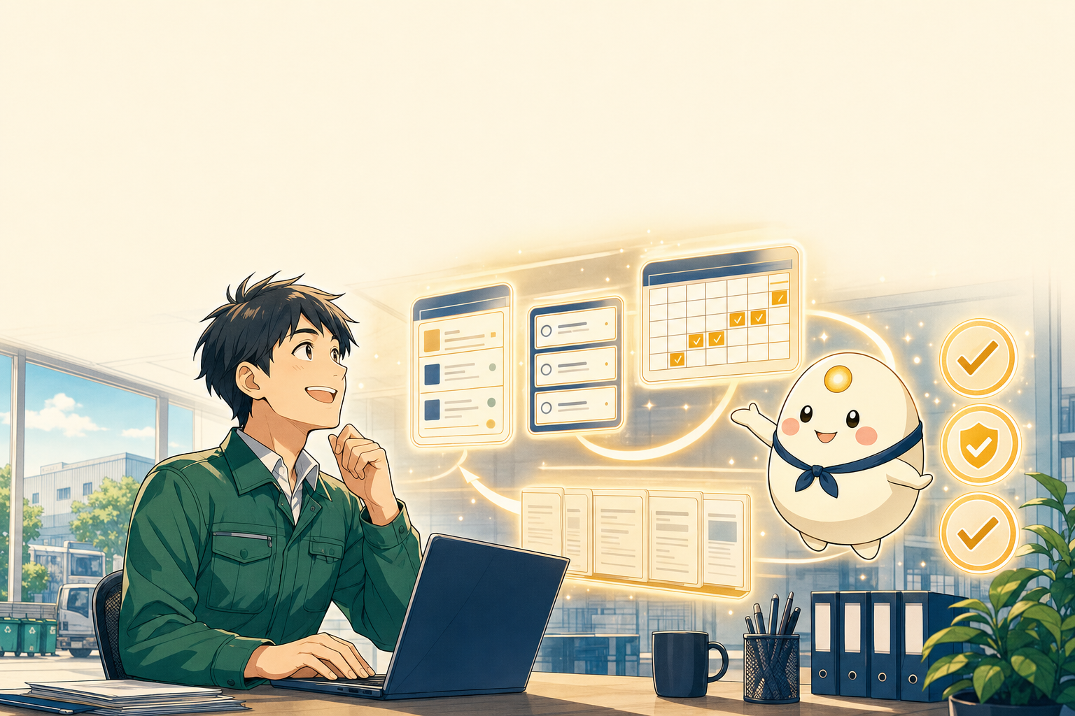 WasteOS — リーちゃんが、整理されたマニフェスト/計量伝票/許可証を AI が承認カードで回すワークフローを案内する様子