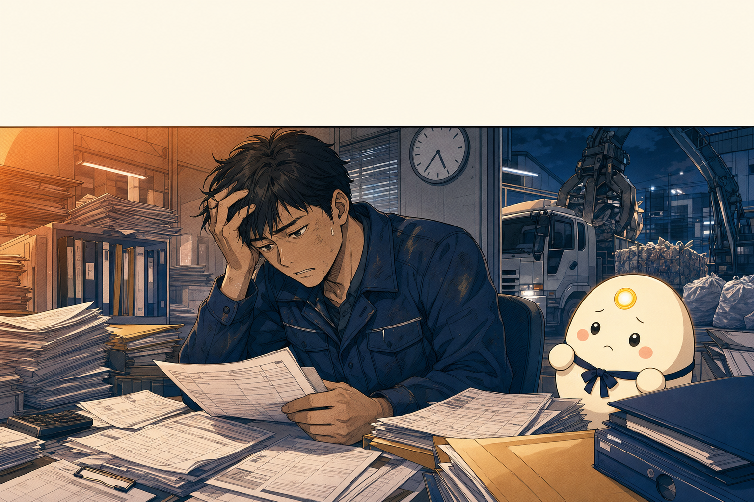 WasteOS - リーちゃんが、 マニフェスト・計量伝票・許可証の山に追われる産廃業者を心配そうに見ている様子
